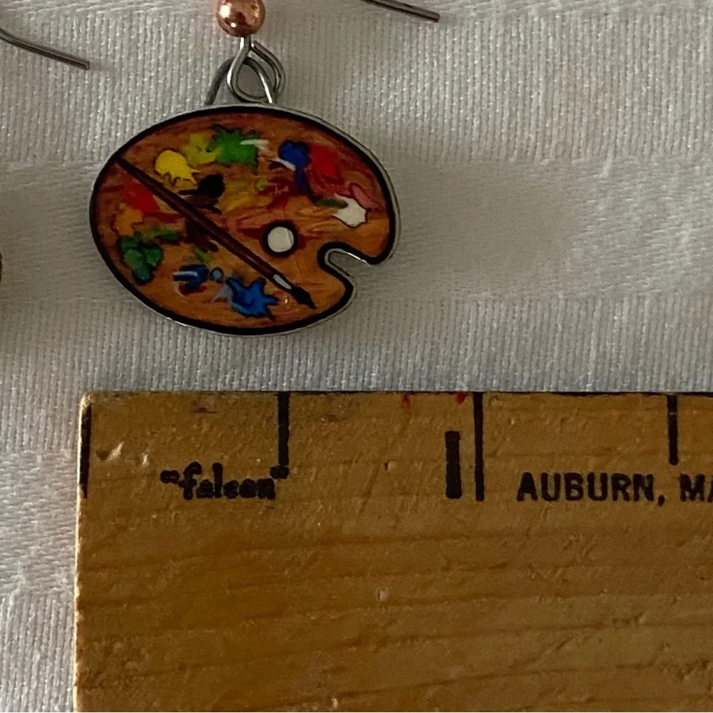 Artist Palette Paint & Brush Drop Earrings  Hand Made Signed Jewelry Art EUC